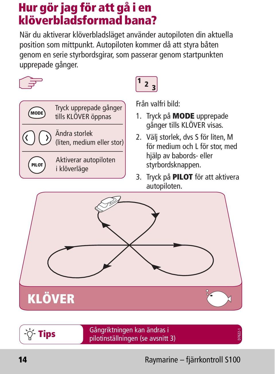 1 2 3 MODE PILOT Tryck upprepade gånger tills KLÖVER öppnas Ändra storlek (liten, medium eller stor) Aktiverar autopiloten i klöverläge Från valfri bild: 1.