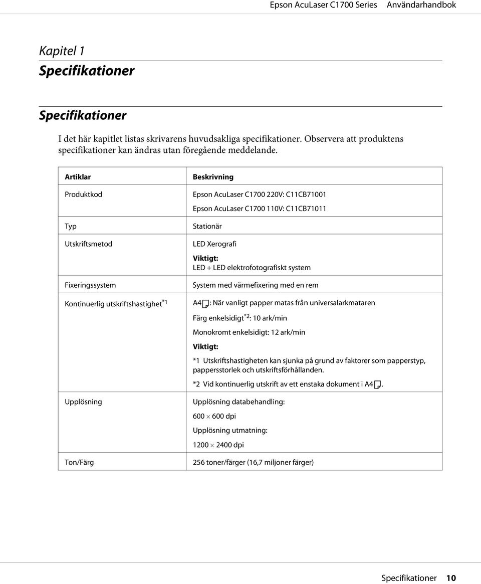 elektrofotografiskt system System med värmefixering med en rem Kontinuerlig utskriftshastighet *1 A4 : När vanligt papper matas från universalarkmataren Färg enkelsidigt *2 : 10 ark/min Monokromt