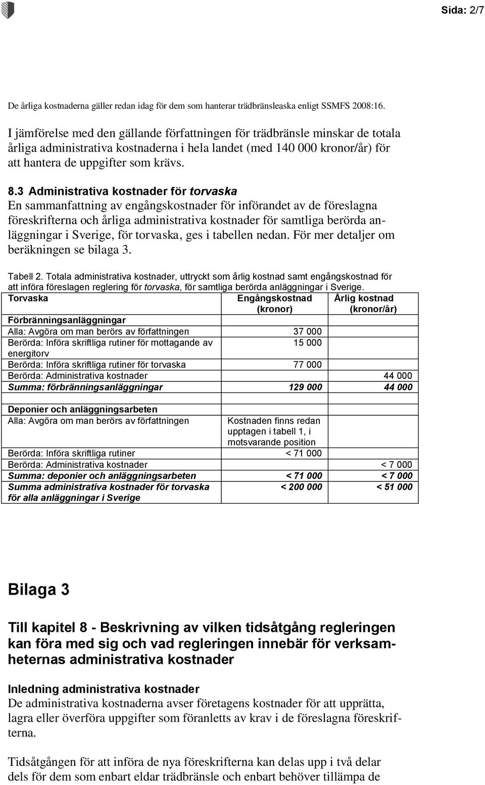 3 Administrativa kostnader för torvaska En sammanfattning av engångskostnader för införandet av de föreslagna föreskrifterna och årliga administrativa kostnader för samtliga berörda anläggningar i