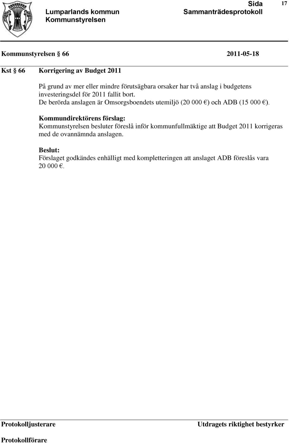 De berörda anslagen är Omsorgsboendets utemiljö (20 000 ) och ADB (15 000 ).