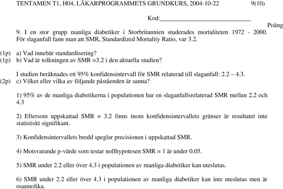 I studien beräknades ett 95% konfidensintervall för SMR relaterad till slaganfall: 2.2 4.3. c) Vilket eller vilka av följande påståenden är sanna?