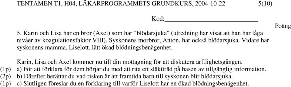 Syskonens morbror, Anton, har också blödarsjuka. Vidare har syskonens mamma, Liselott, lätt ökad blödningsbenägenhet.