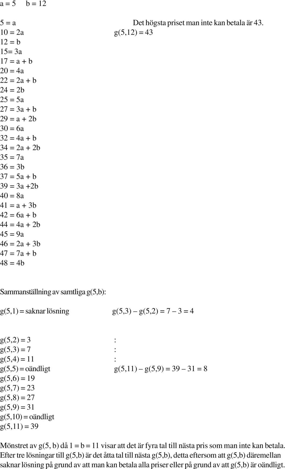 42 = 6a + b 44 = 4a + 2b 45 = 9a 46 = 2a + 3b 47 = 7a + b 48 = 4b Sammanställning av samtliga g(5,b): g(5,1) = saknar lösning g(5,3) g(5,2) = 7 3 = 4 g(5,2) = 3 : g(5,3) = 7 : g(5,4) = 11 : g(5,5) =