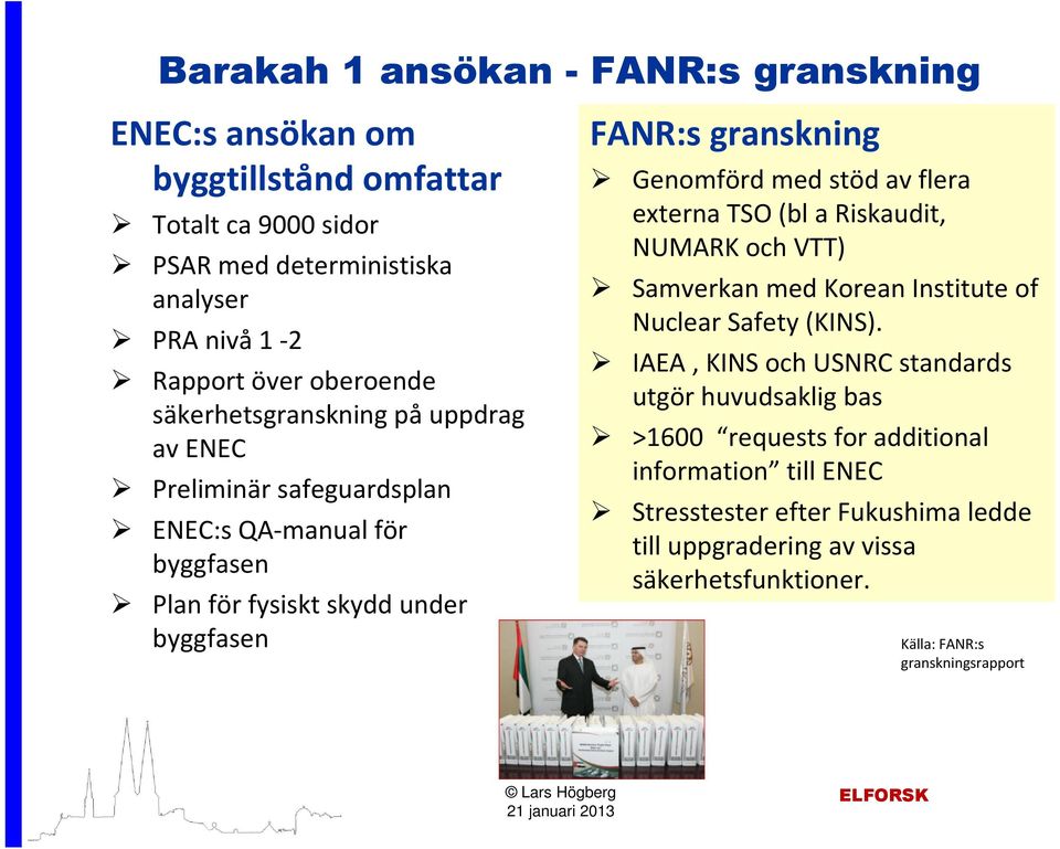 Genomförd med stöd av flera externa TSO (bl a Riskaudit, NUMARK och VTT) Samverkan med Korean Institute of Nuclear Safety (KINS).