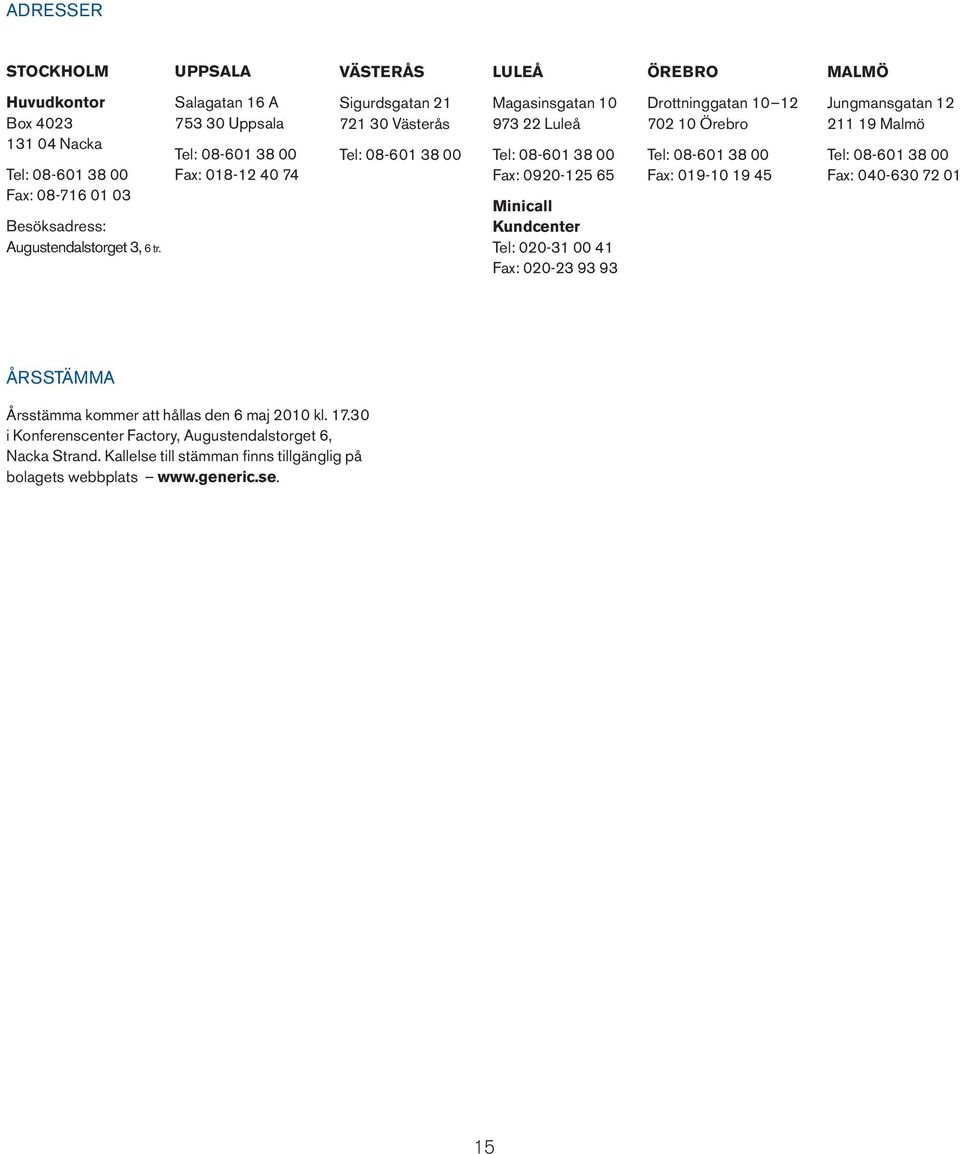 Minicall Kundcenter Tel: 020-31 00 41 Fax: 020-23 93 93 Drottninggatan 10 12 702 10 Örebro Tel: 08-601 38 00 Fax: 019-10 19 45 Jungmansgatan 12 211 19 Malmö Tel: 08-601 38 00 Fax: 040-630
