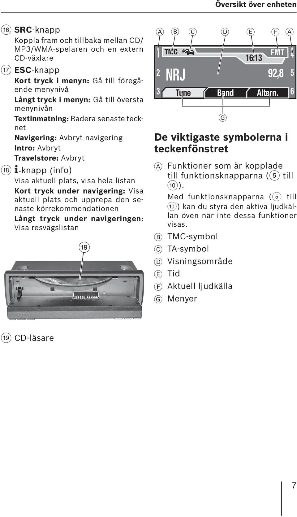 navigering: Visa aktuell plats och upprepa den senaste körrekommendationen Långt tryck under navigeringen: Visa resvägslistan C A 1 2 3 TMC B C D E NRJ 16:13 FMT 92,8 Tune Band Altern.