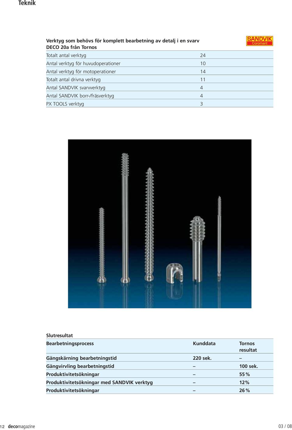 PX TOOLS verktyg 3 Slutresultat Bearbetningsprocess Kunddata Tornos resultat Gängskärning bearbetningstid 220 sek.