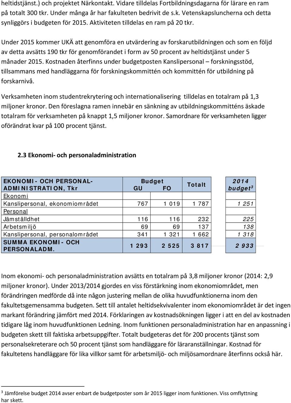 Under 2015 kommer UKÄ att genomföra en utvärdering av forskarutbildningen och som en följd av detta avsätts 190 tkr för genomförandet i form av 50 procent av heltidstjänst under 5 månader 2015.