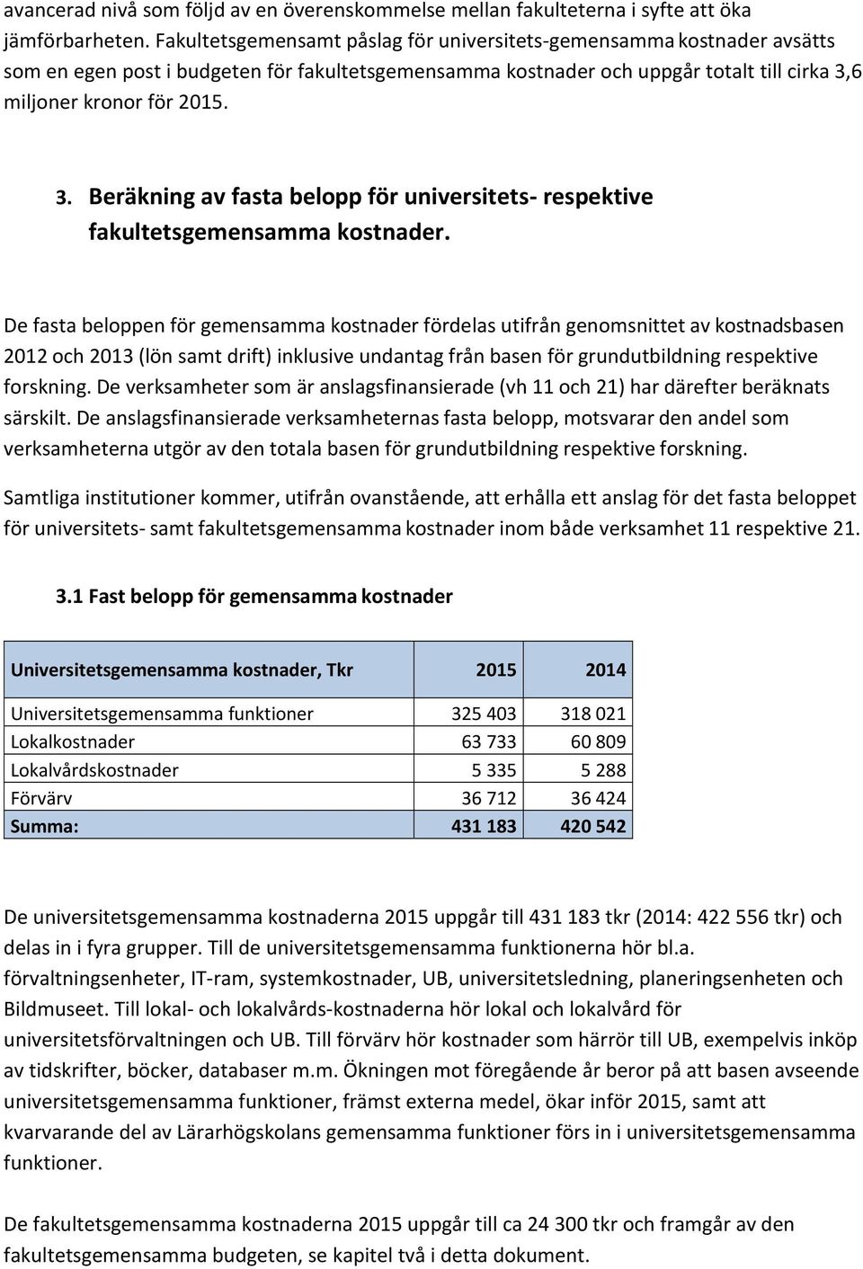 6 miljoner kronor för 2015. 3. Beräkning av fasta belopp för universitets respektive fakultetsgemensamma kostnader.