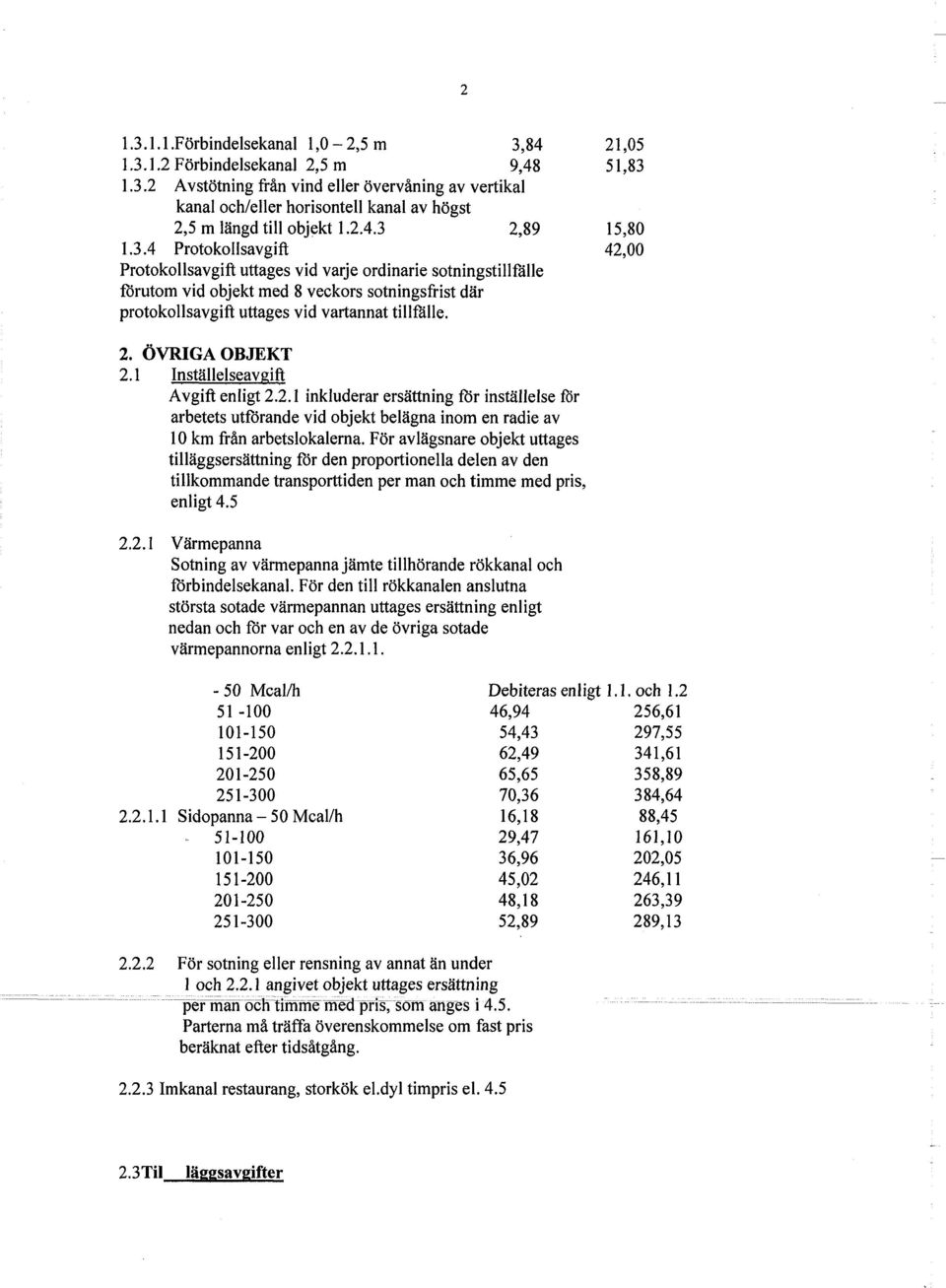 ÖVRIGA OBJEKT 2.1 Inställelseavgift Avgift enligt 2.2.1 inkluderar ersättning för inställelse för arbetets utförande vid objekt belägna inom en radie av 10 km från arbetslokalerna.