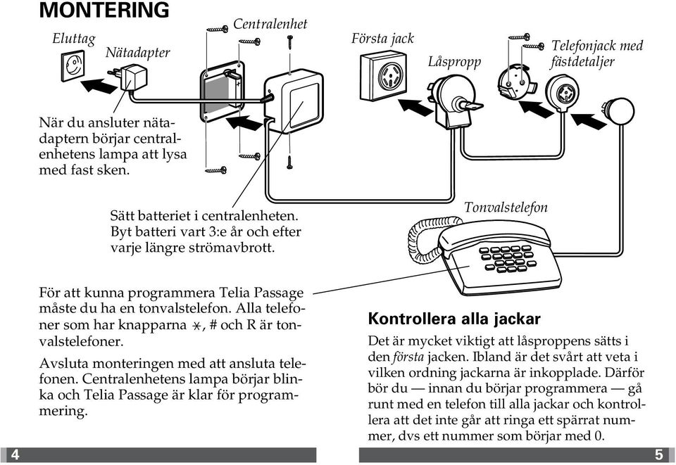 Alla telefoner som har knapparna, # och R är tonvalstelefoner. Det är mycket viktigt att låsproppens sätts i Kontrollera alla jackar Avsluta monteringen med att ansluta telefonen.