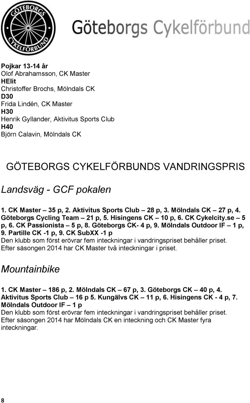 se 5 p, 6. CK Passionista 5 p, 8. Göteborgs CK- 4 p, 9. Mölndals Outdoor IF 1 p, 9. Partille CK -1 p, 9. CK SubXX -1 p Den klubb som först erövrar fem inteckningar i vandringspriset behåller priset.