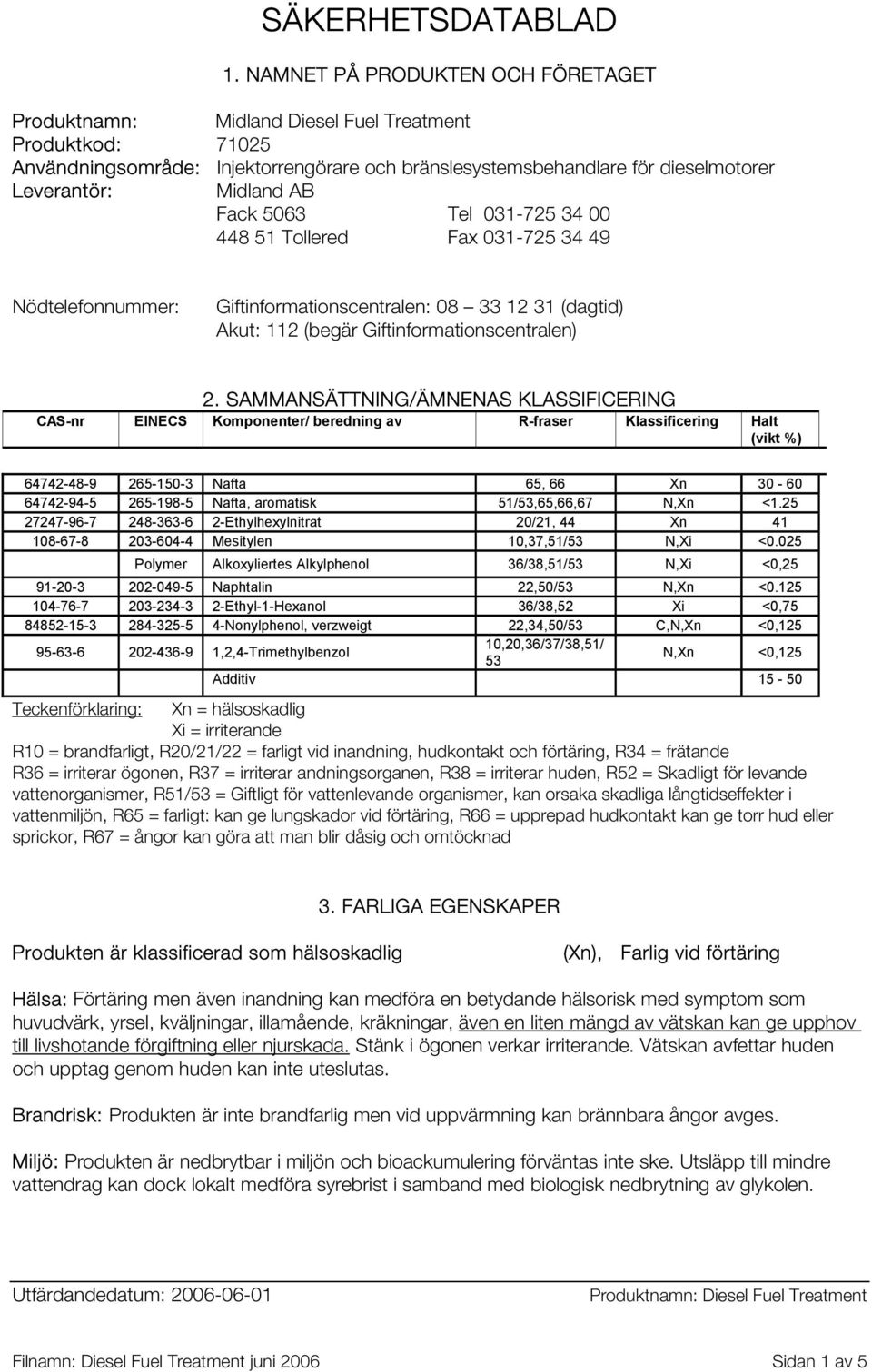 SAMMANSÄTTNING/ÄMNENAS KLASSIFICERING CAS-nr EINECS Komponenter/ beredning av R-fraser Klassificering Halt (vikt %) 64742-48-9 265-150-3 Nafta 65, 66 Xn 30-60 64742-94-5 265-198-5 Nafta, aromatisk