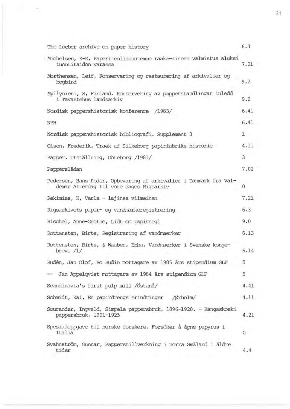 2 Nordisk pappershistorisk konference /1983/ 6.41 NPH 6.41 Nordisk pappershistorisk bibliografi. Supplement 3 l Olsen, Frederik, Traek af Silkel::xJrg p:lpirfabriks historie 4.11 Papper.