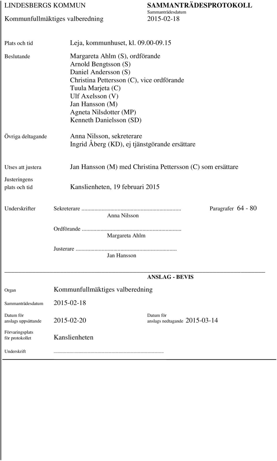 Nilsdotter (MP) Kenneth Danielsson (SD) Anna Nilsson, sekreterare Ingrid Åberg (KD), ej tjänstgörande ersättare Utses att justera Jan Hansson (M) med Christina Pettersson (C) som ersättare