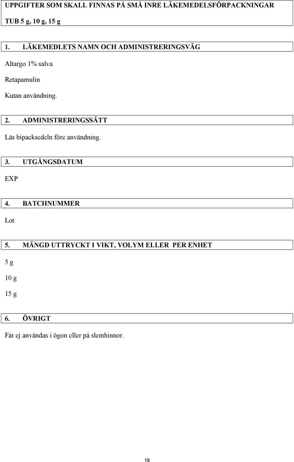 ADMINISTRERINGSSÄTT Läs bipacksedeln före användning. 3. UTGÅNGSDATUM EXP 4. BATCHNUMMER Lot 5.