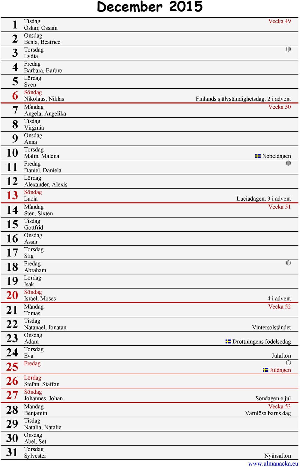 Vecka 51 Sten, Sixten 15 Tisdag Gottfrid 16 Onsdag Assar 17 Torsdag Stig 18 Fredag Abraham 19 Lördag Isak 20 Söndag 21 Israel, Moses 4 i advent Måndag Vecka 52 Tomas 22 Tisdag Natanael, Jonatan