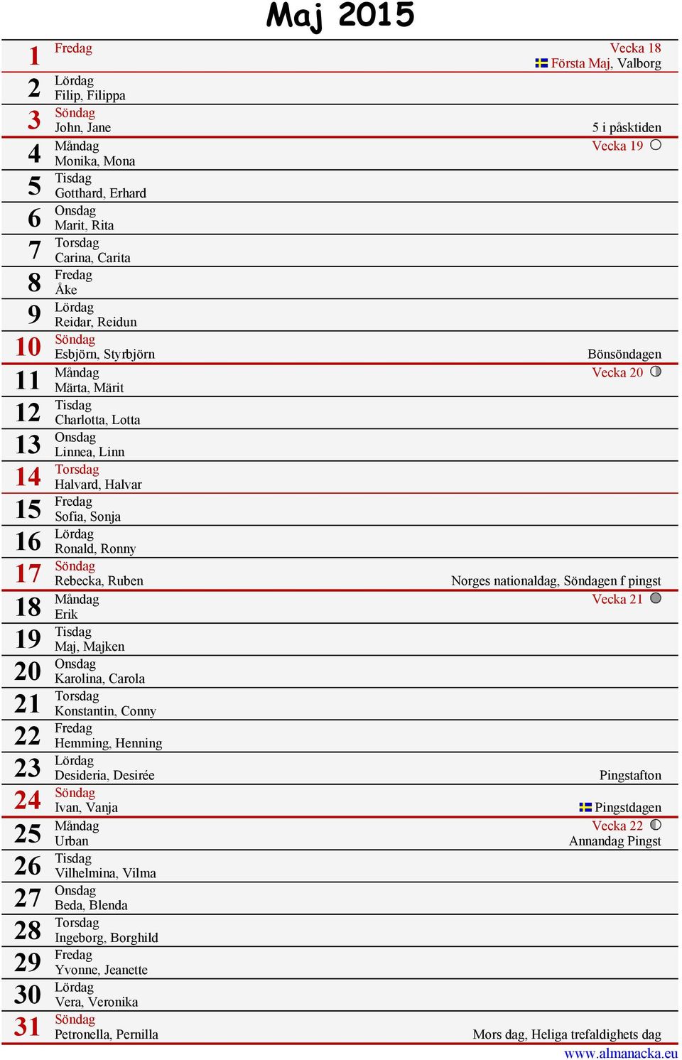 Sonja 16 Lördag Ronald, Ronny 17 Söndag 18 Bönsöndagen Rebecka, Ruben Norges nationaldag, Söndagen f pingst Måndag Vecka 21 Erik 19 Tisdag Maj, Majken 20 Onsdag Karolina, Carola 21 Torsdag
