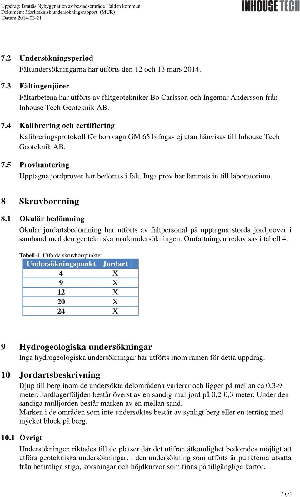 3 Fältingenjörer Fältarbetena har utförts av fältgeotekniker Bo Carlsson och Ingemar Andersson från Inhouse Tech Geoteknik AB. 7.