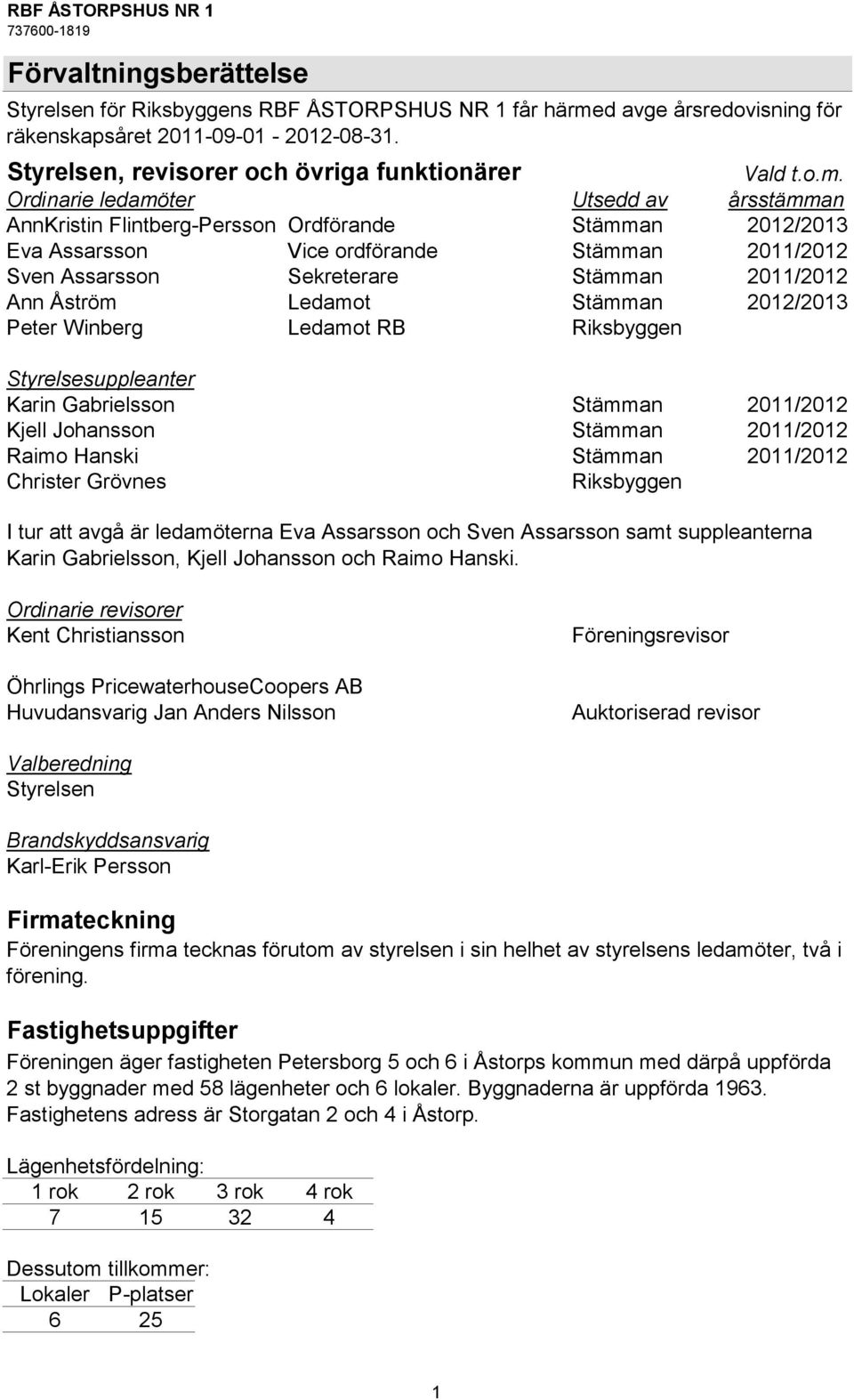 Ordinarie ledamöter Utsedd av årsstämman AnnKristin Flintberg-Persson Ordförande Stämman 2012/2013 Eva Assarsson Vice ordförande Stämman 2011/2012 Sven Assarsson Sekreterare Stämman 2011/2012 Ann