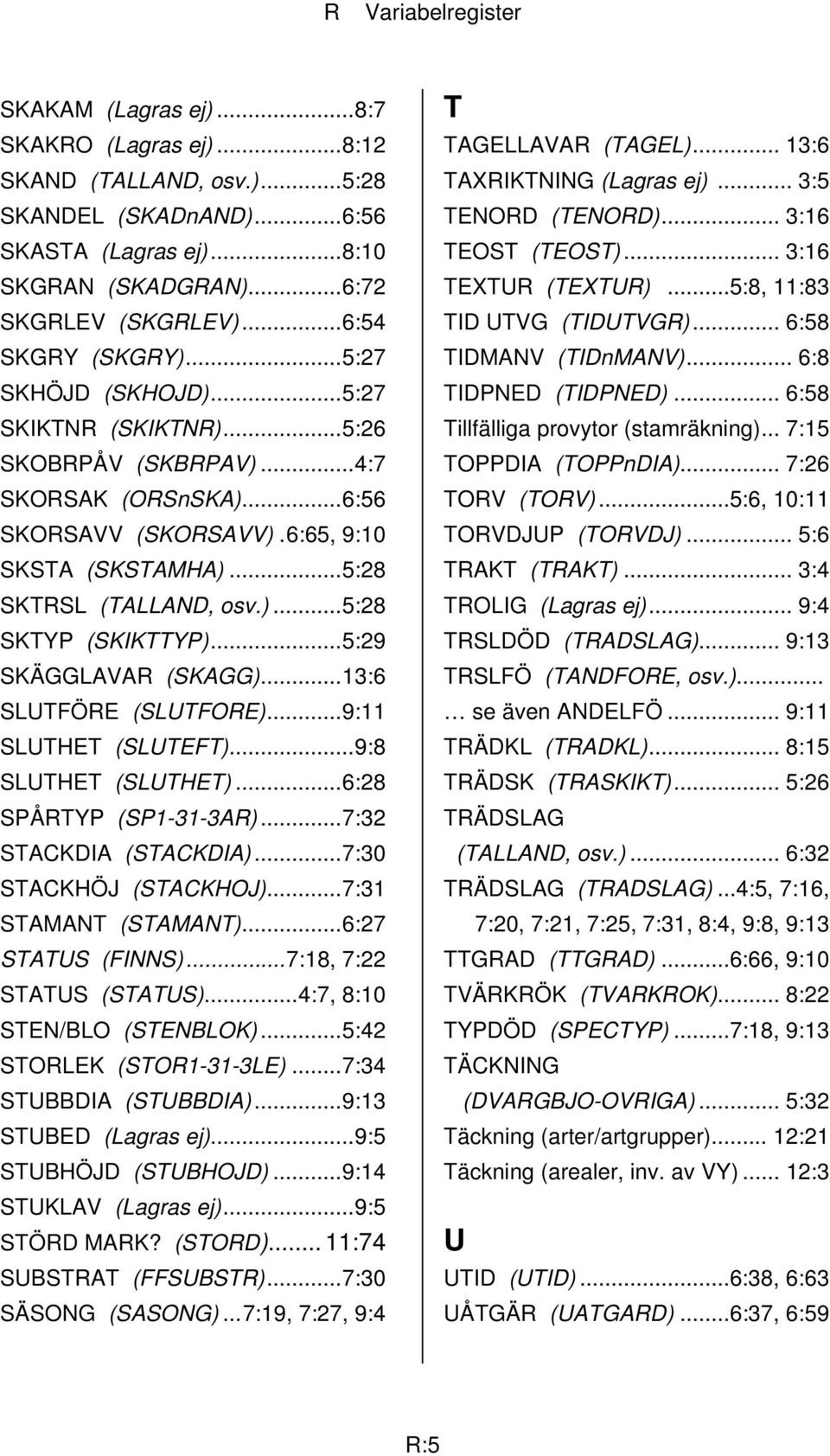 )...5:28 SKTYP (SKIKTTYP)...5:29 SKÄGGLAVAR (SKAGG)...13:6 SLUTFÖRE (SLUTFORE)...9:11 SLUTHET (SLUTEFT)...9:8 SLUTHET (SLUTHET)...6:28 SPÅRTYP (SP1-31-3AR)...7:32 STACKDIA (STACKDIA).