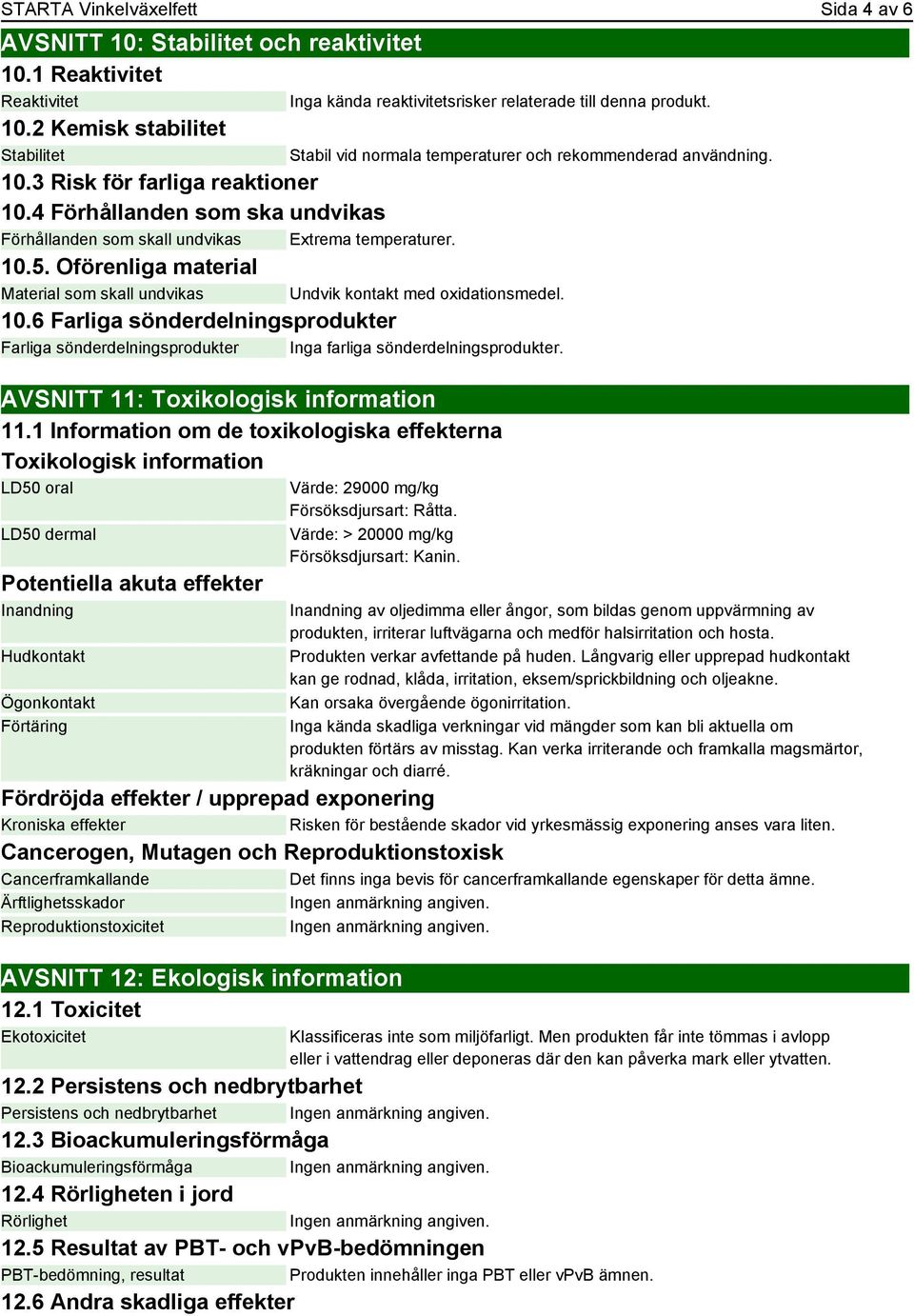 Inga kända reaktivitetsrisker relaterade till denna produkt. AVSNITT 11: Toxikologisk information 11.