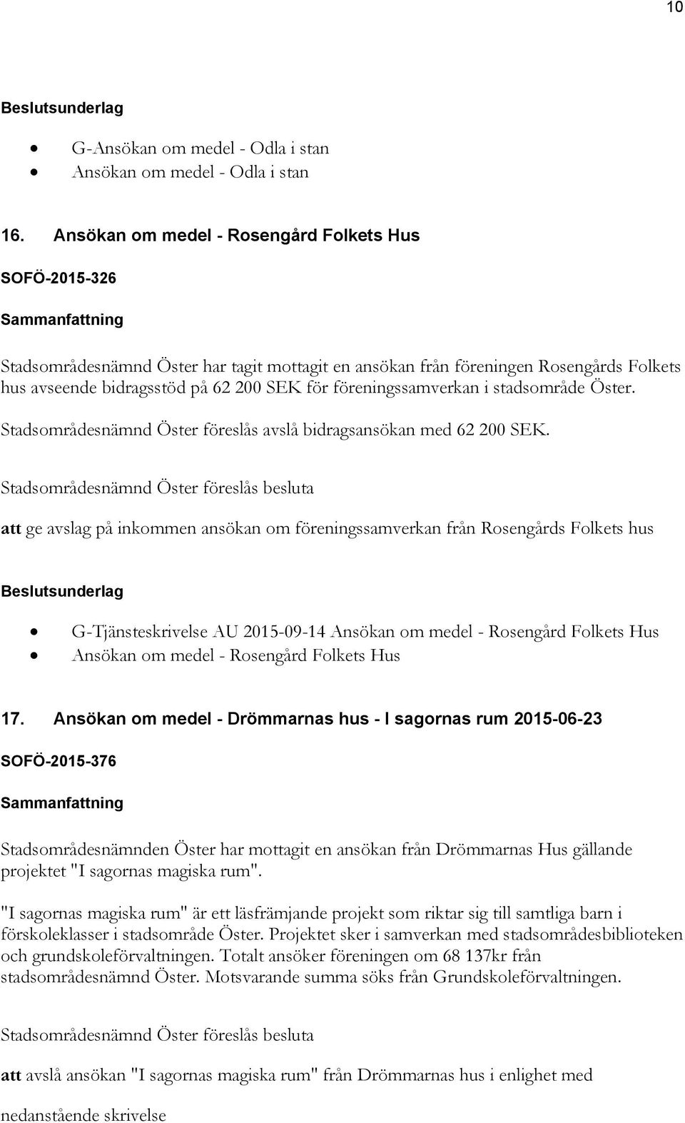 för föreningssamverkan i stadsområde Öster. Stadsområdesnämnd Öster föreslås avslå bidragsansökan med 62 200 SEK.