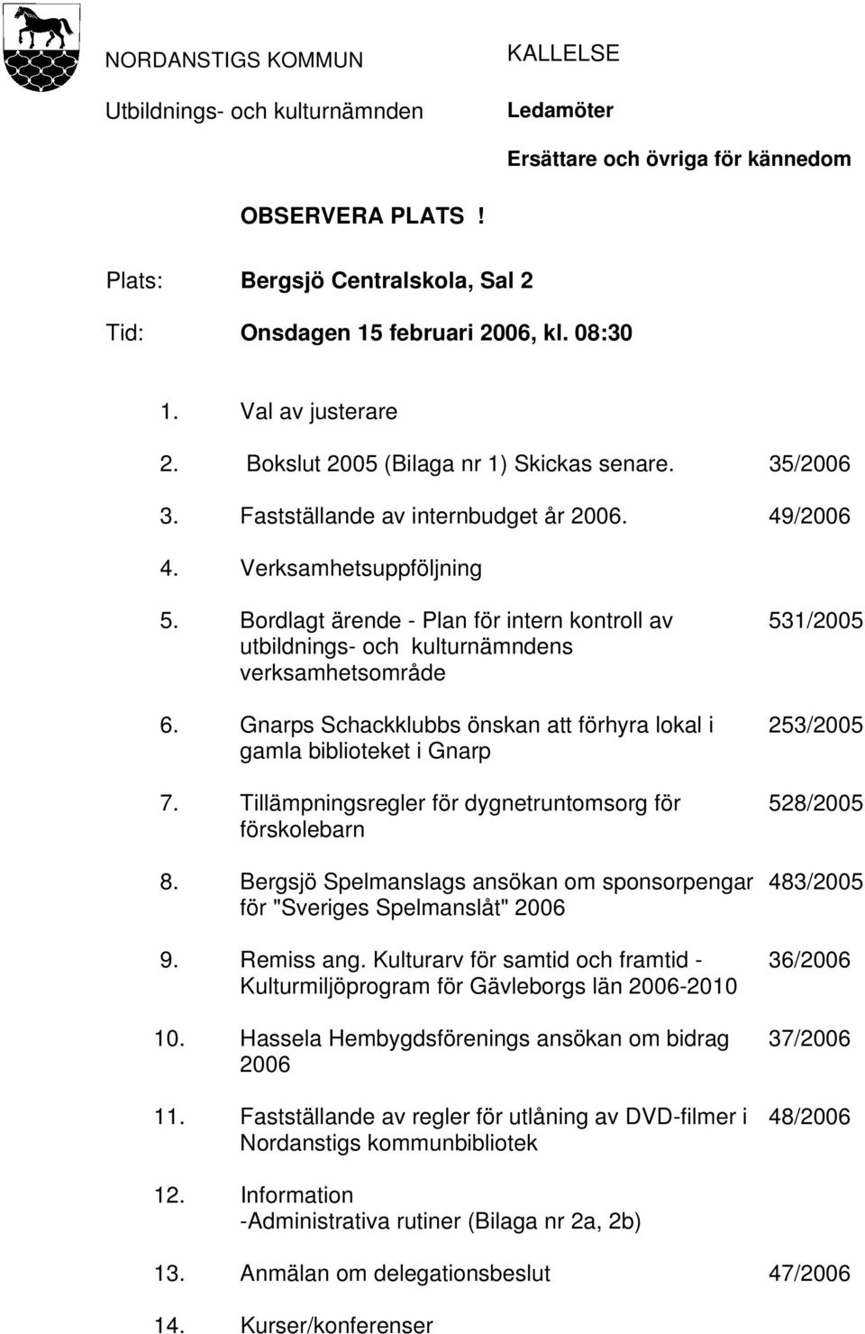 Bordlagt ärende - Plan för intern kontroll av utbildnings- och kulturnämndens verksamhetsområde 6. Gnarps Schackklubbs önskan att förhyra lokal i gamla biblioteket i Gnarp 7.