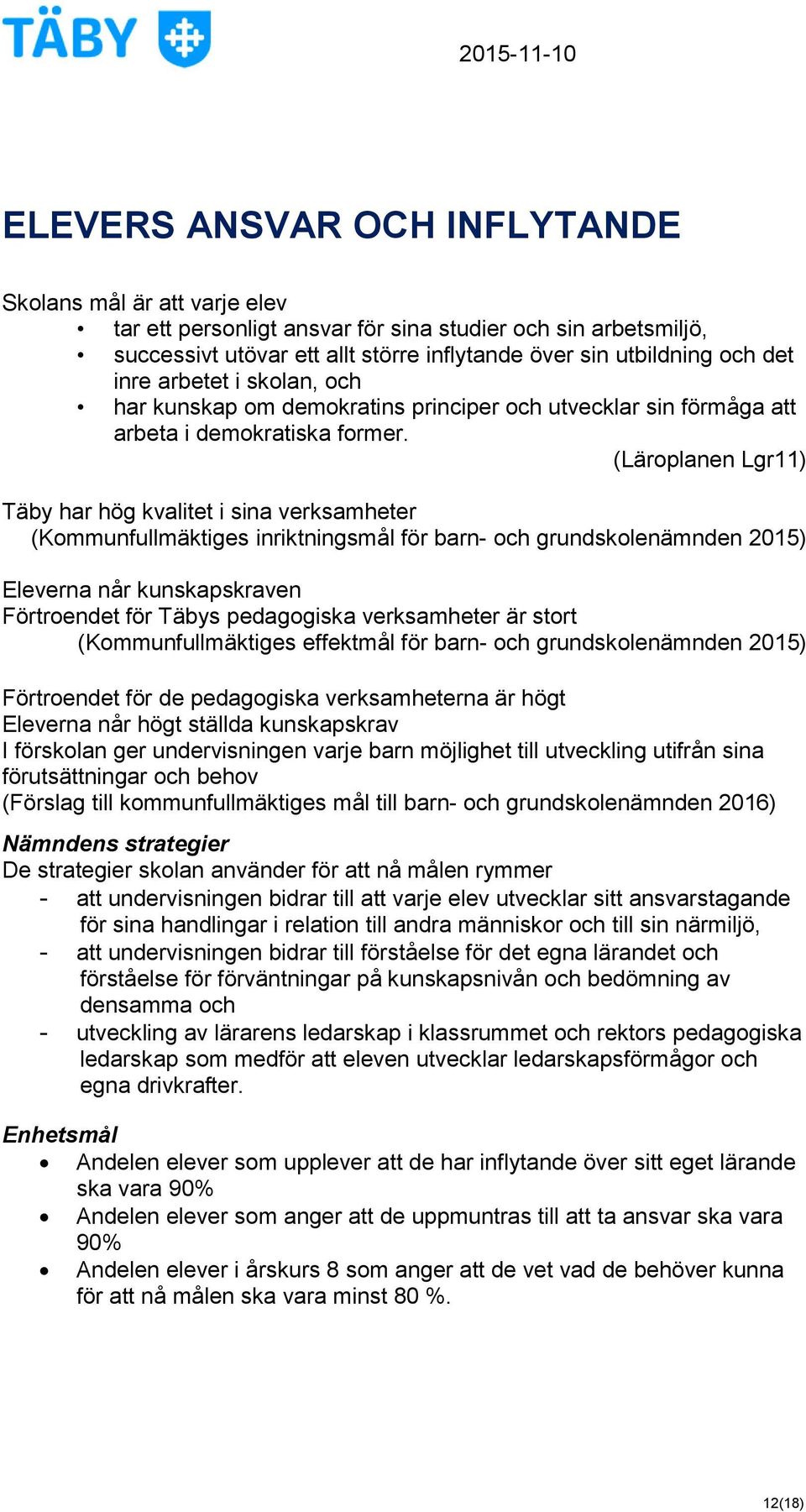 (Läroplanen Lgr11) Täby har hög kvalitet i sina verksamheter (Kommunfullmäktiges inriktningsmål för barn- och grundskolenämnden 2015) Eleverna når kunskapskraven Förtroendet för Täbys pedagogiska
