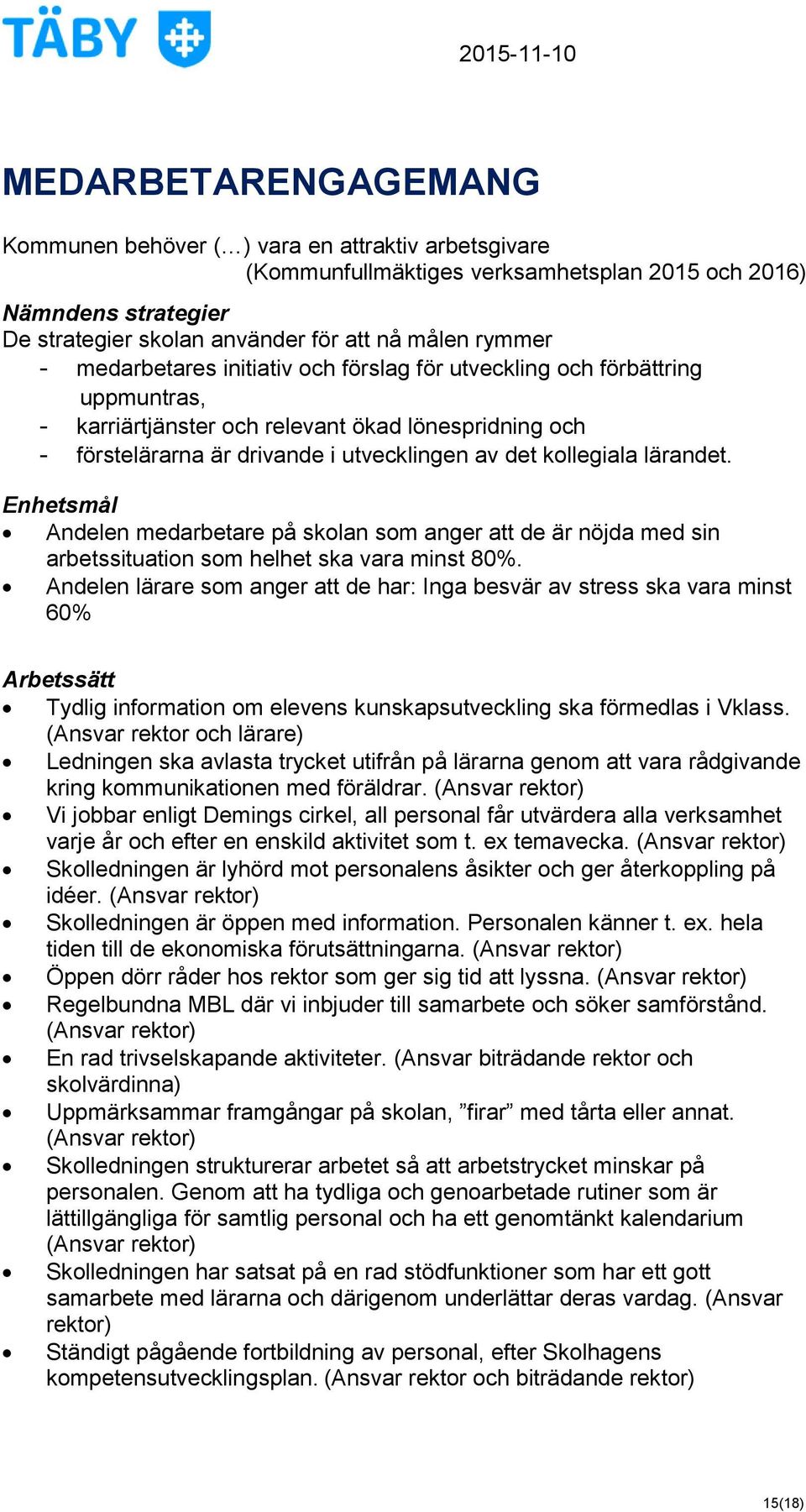 lärandet. Enhetsmål Andelen medarbetare på skolan som anger att de är nöjda med sin arbetssituation som helhet ska vara minst 80%.