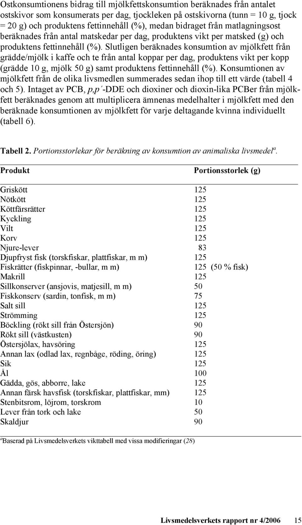 Slutligen beräknades konsumtion av mjölkfett från grädde/mjölk i kaffe och te från antal koppar per dag, produktens vikt per kopp (grädde 10 g, mjölk 50 g) samt produktens fettinnehåll (%).