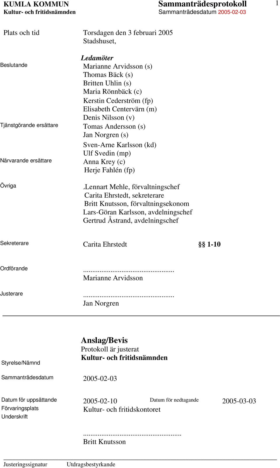 Mehle, förvaltningschef Carita Ehrstedt, sekreterare Britt Knutsson, förvaltningsekonom Lars-Göran Karlsson, avdelningschef Gertrud Åstrand, avdelningschef Sekreterare Carita Ehrstedt 1-10 Ordförande.