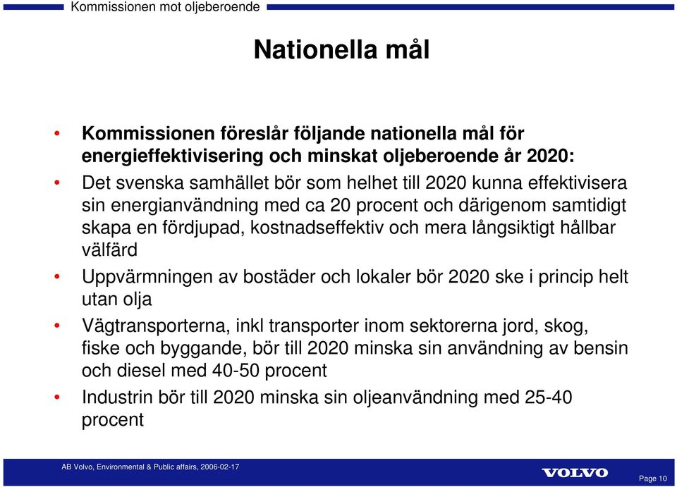 välfärd Uppvärmningen av bostäder och lokaler bör 2020 ske i princip helt utan olja Vägtransporterna, inkl transporter inom sektorerna jord, skog, fiske och