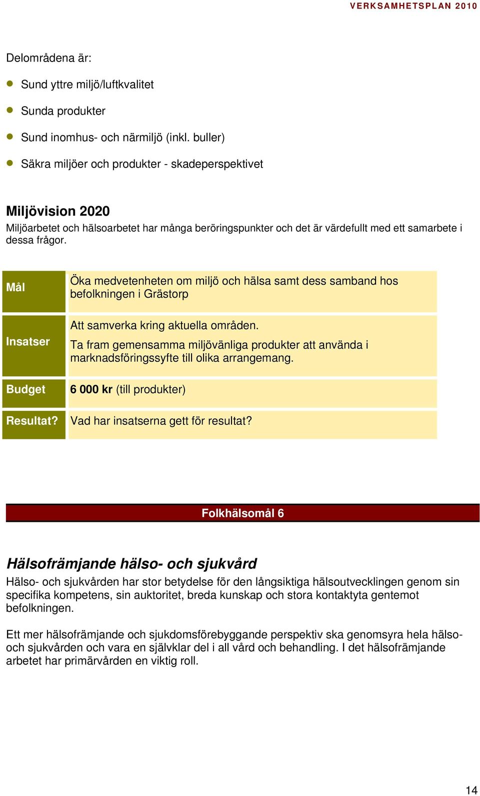 Öka medvetenheten om miljö och hälsa samt dess samband hos befolkningen i Grästorp Att samverka kring aktuella områden.