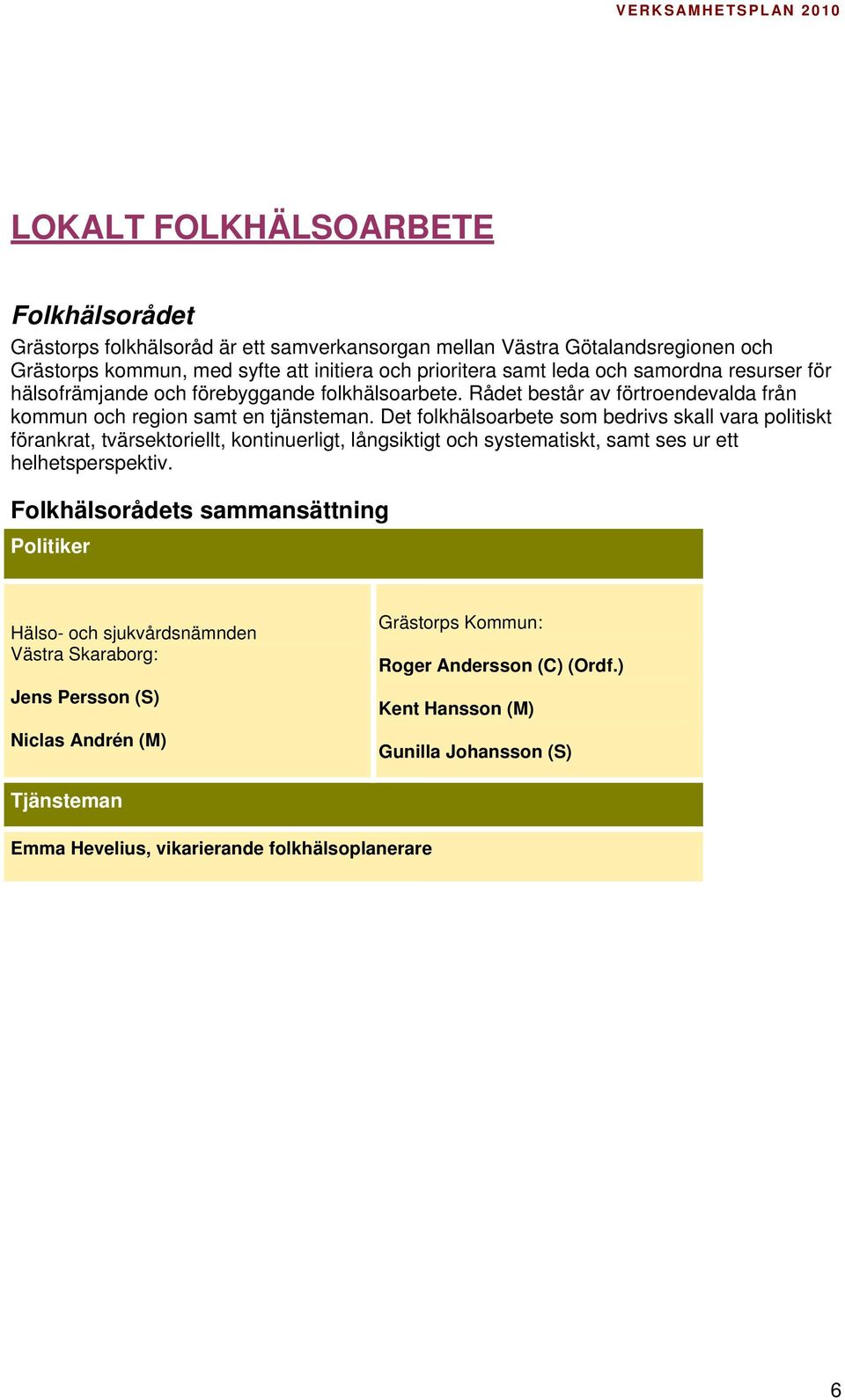 Det folkhälsoarbete som bedrivs skall vara politiskt förankrat, tvärsektoriellt, kontinuerligt, långsiktigt och systematiskt, samt ses ur ett helhetsperspektiv.