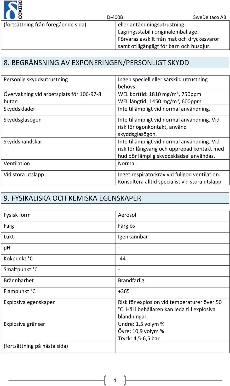 speciell eller särskild utrustning behövs. WEL korttid: 1810 mg/m³, 750ppm WEL långtid: 1450 mg/m³, 600ppm Inte tillämpligt vid normal användning. Inte tillämpligt vid normal användning. Vid risk för ögonkontakt, använd skyddsglasögon.