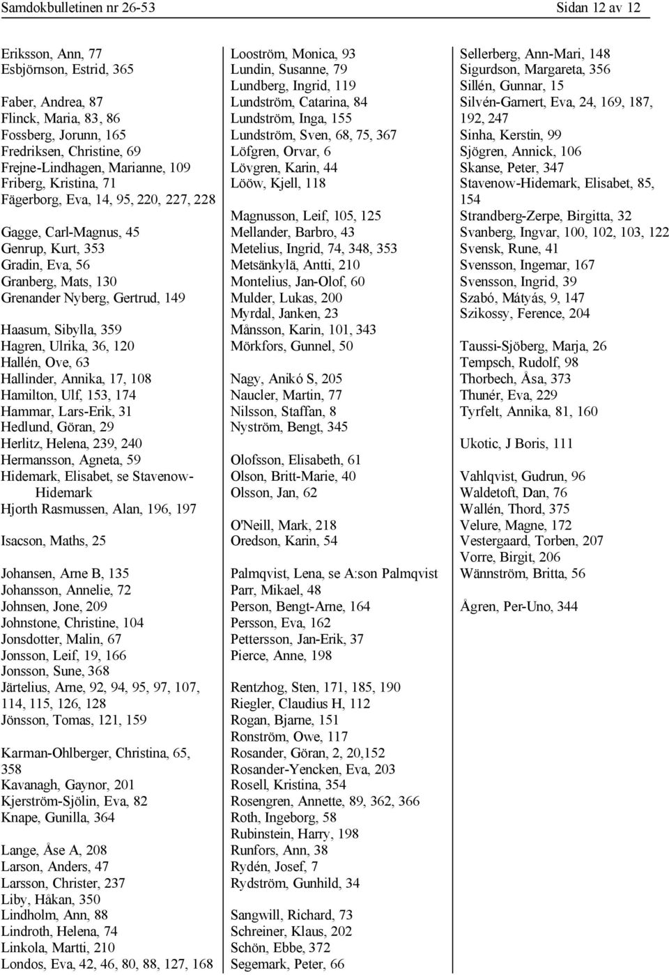 Hagren, Ulrika, 36, 120 Hallén, Ove, 63 Hallinder, Annika, 17, 108 Hamilton, Ulf, 153, 174 Hammar, Lars-Erik, 31 Hedlund, Göran, 29 Herlitz, Helena, 239, 240 Hermansson, Agneta, 59 Hidemark,