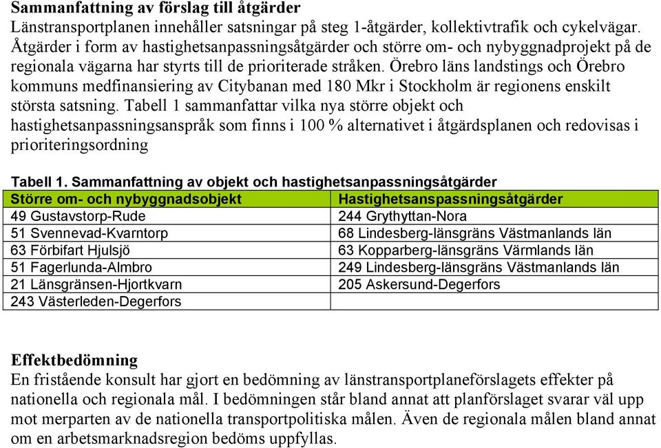 Örebro läns landstings och Örebro kommuns medfinansiering av Citybanan med 180 Mkr i Stockholm är regionens enskilt största satsning.