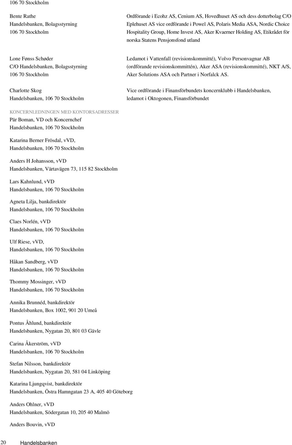 Volvo Personvagnar AB C/O Handelsbanken, Bolagsstyrning (ordförande revisionskommittén), Aker ASA (revisionskommitté), NKT A/S, 106 70 Stockholm Aker Solutions ASA och Partner i Norfalck AS.