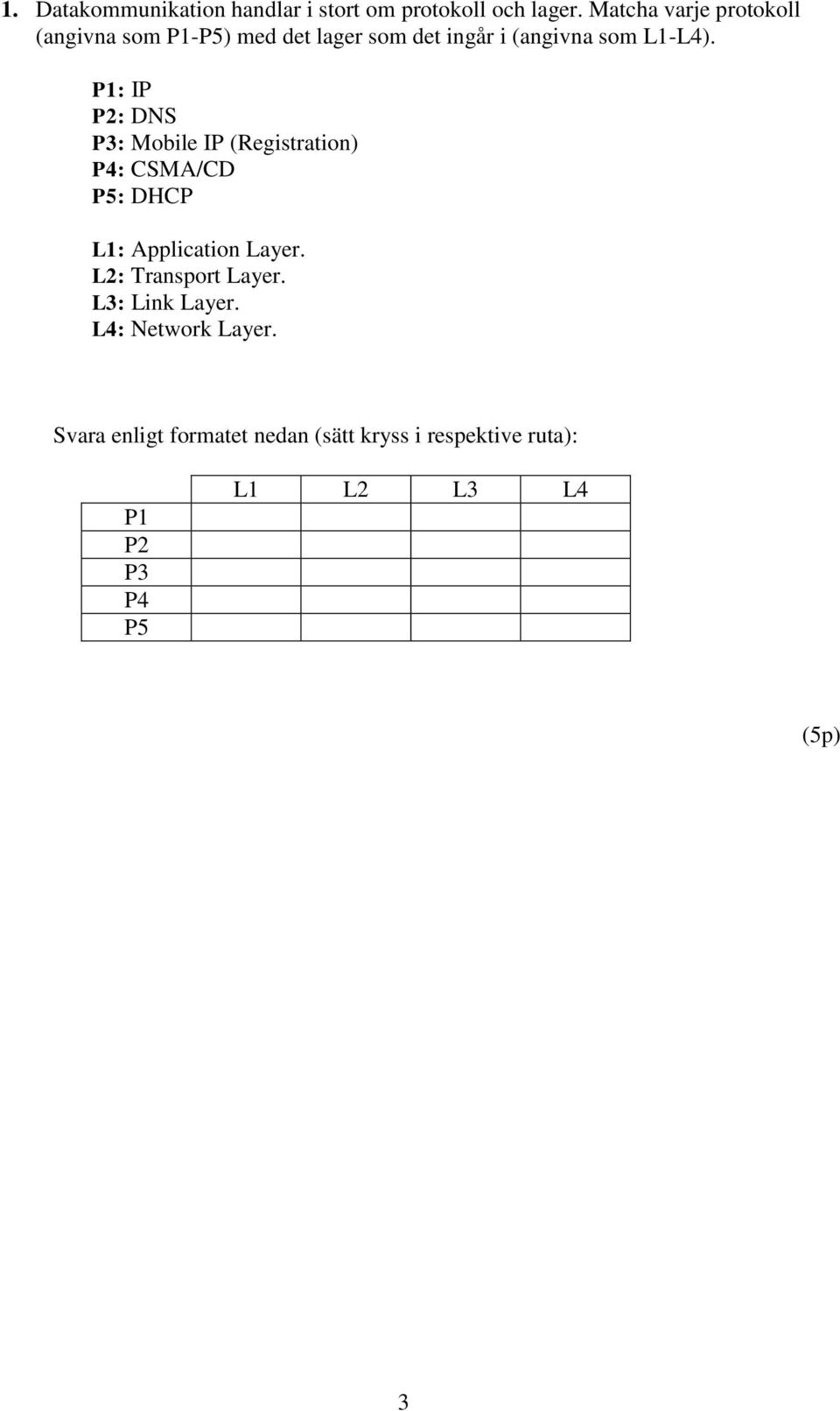 P1: IP P2: DNS P3: Mobile IP (Registration) P4: CSMA/CD P5: DHCP L1: Application Layer.