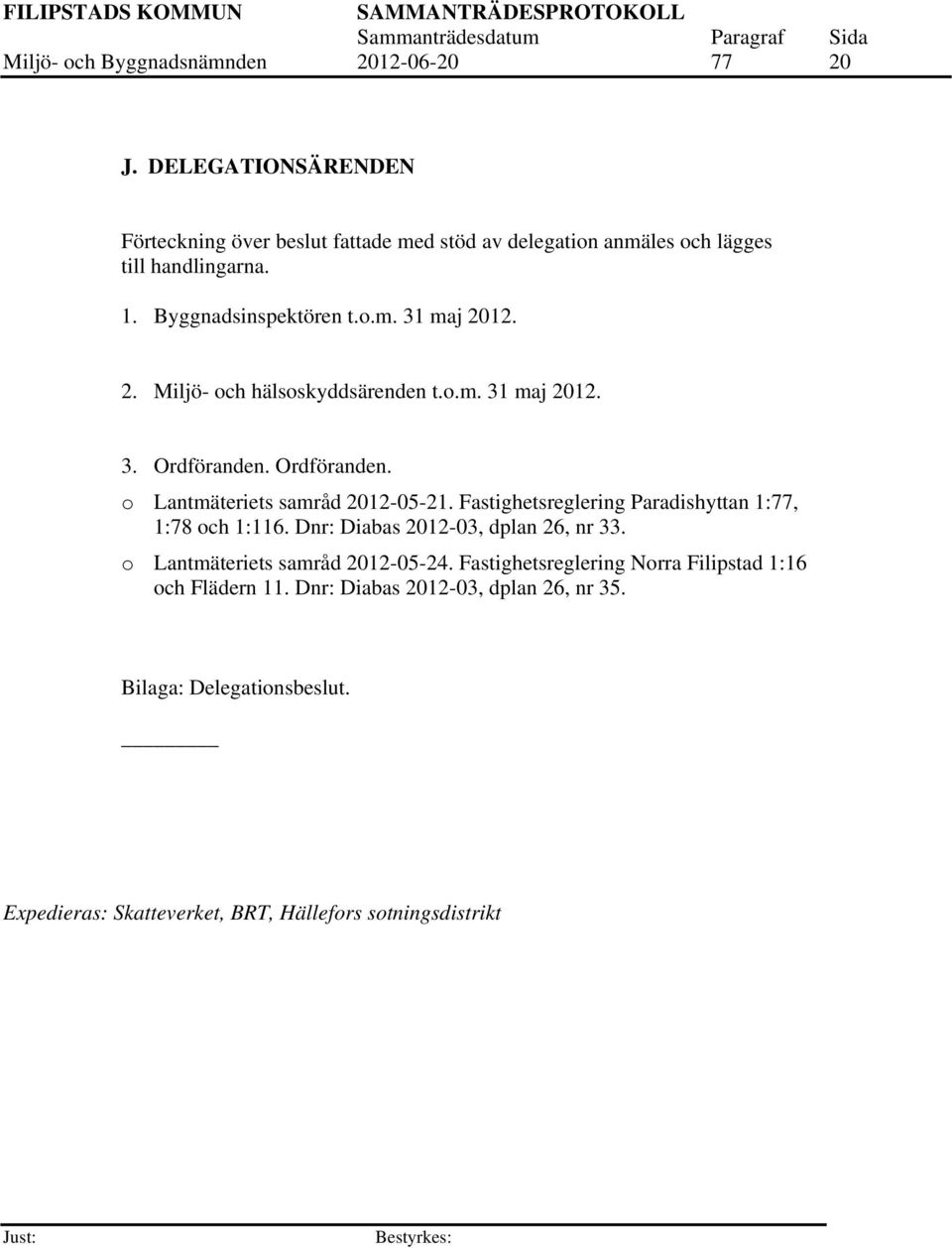 12. 2. Miljö- och hälsoskyddsärenden t.o.m. 31 maj 2012. 3. Ordföranden. Ordföranden. o Lantmäteriets samråd 2012-05-21.