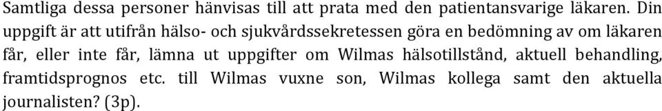 läkaren får, eller inte får, lämna ut uppgifter om Wilmas hälsotillstånd, aktuell