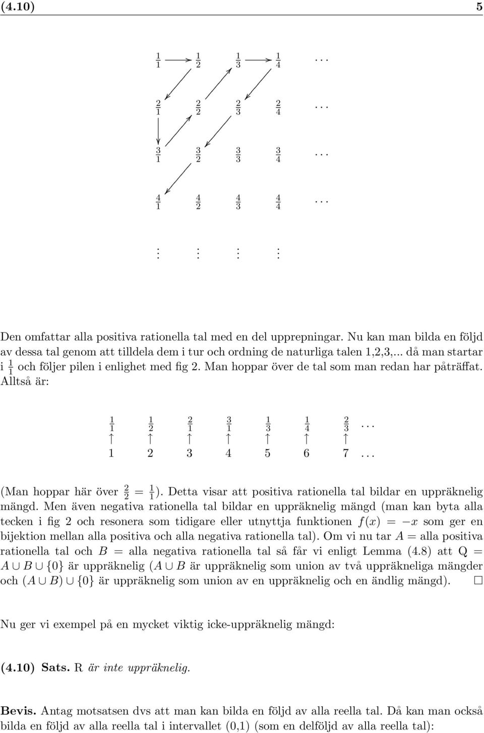 även negativa rationella tal bildar en uppräknelig mängd (man kan byta alla tecken i fig och resonera som tidigare eller utnyttja funktionen f(x) = x som ger en bijektion mellan alla positiva och