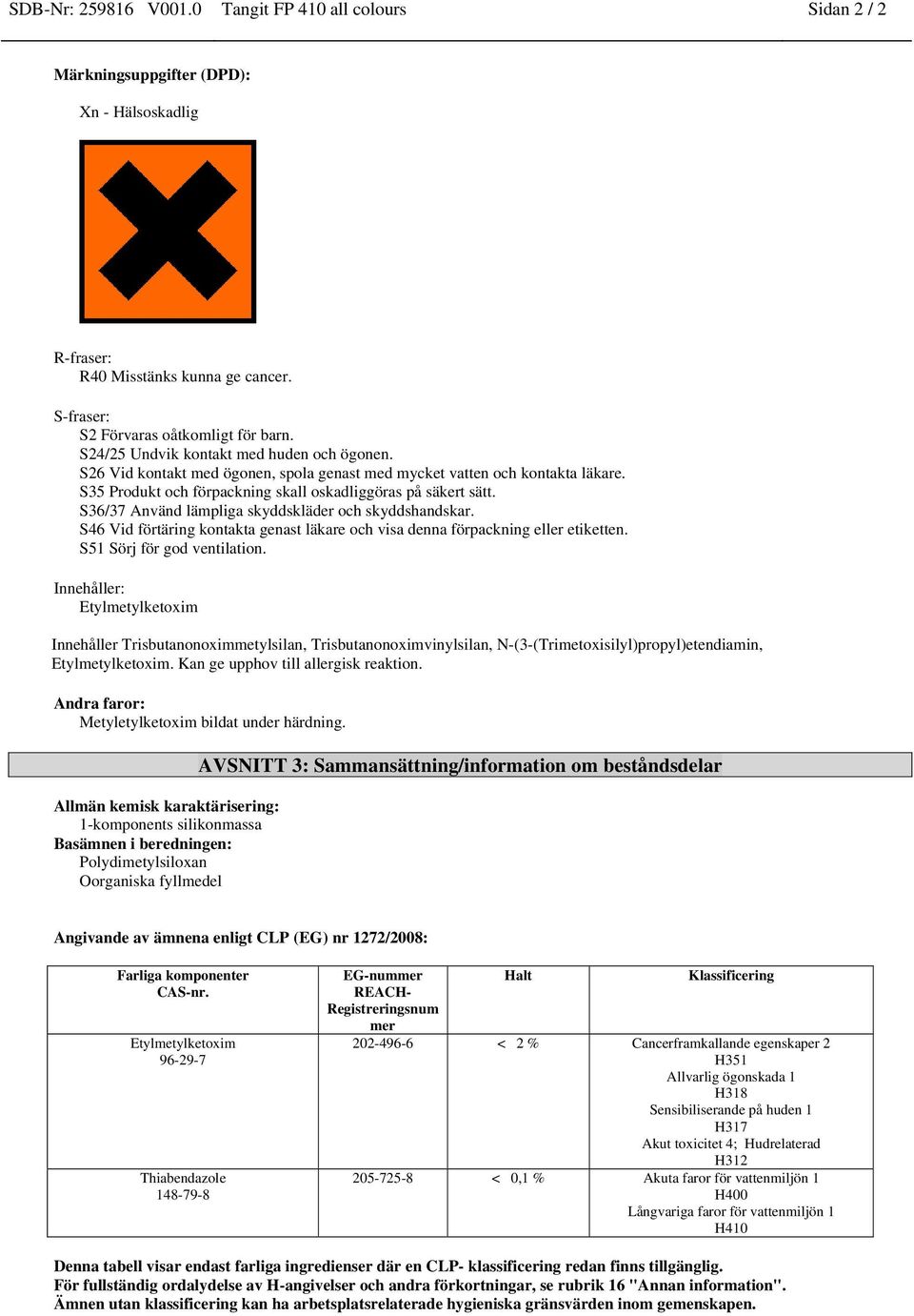 S36/37 Använd lämpliga skyddskläder och skyddshandskar. S46 Vid förtäring kontakta genast läkare och visa denna förpackning eller etiketten. S51 Sörj för god ventilation.