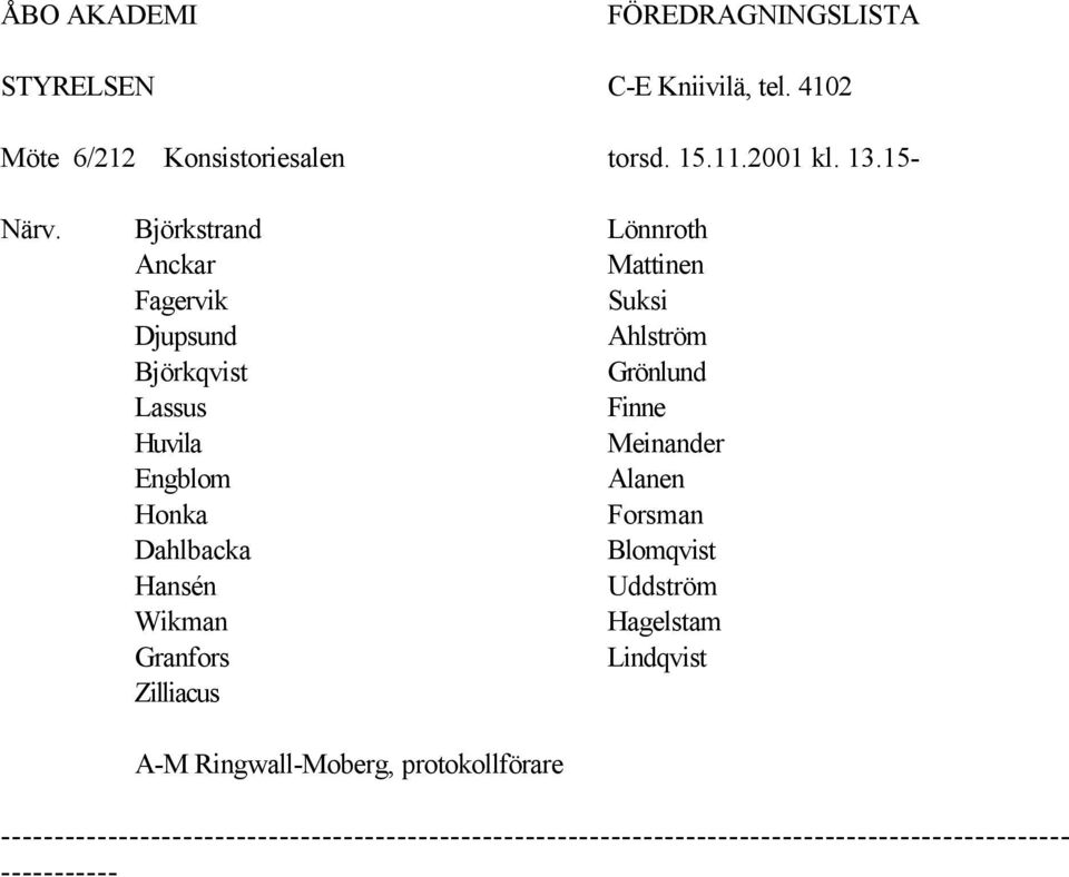 Engblom Alanen Honka Forsman Dahlbacka Blomqvist Hansén Uddström Wikman Hagelstam Granfors Lindqvist Zilliacus A-M