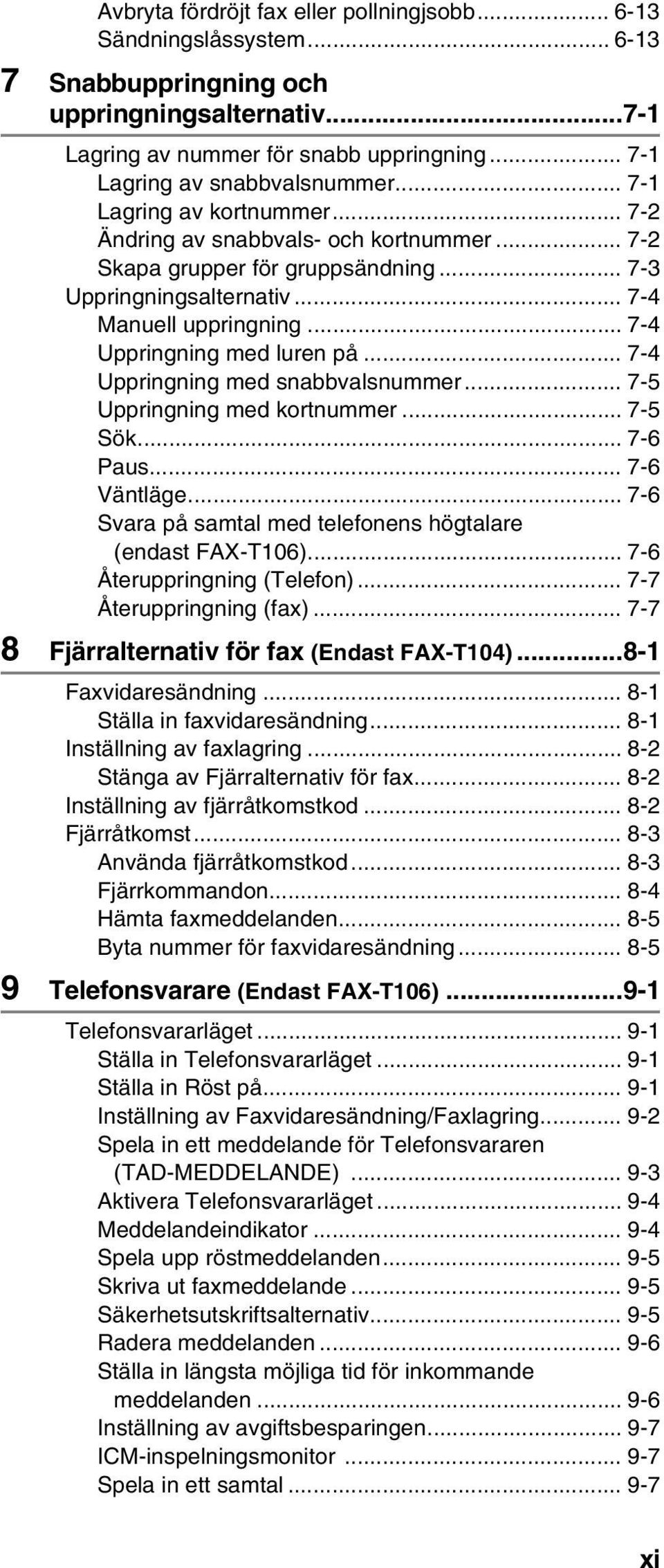 .. 7-4 Uppringning med snabbvalsnummer... 7-5 Uppringning med kortnummer... 7-5 Sök... 7-6 Paus... 7-6 Väntläge... 7-6 Svara på samtal med telefonens högtalare (endast FAX-T106).