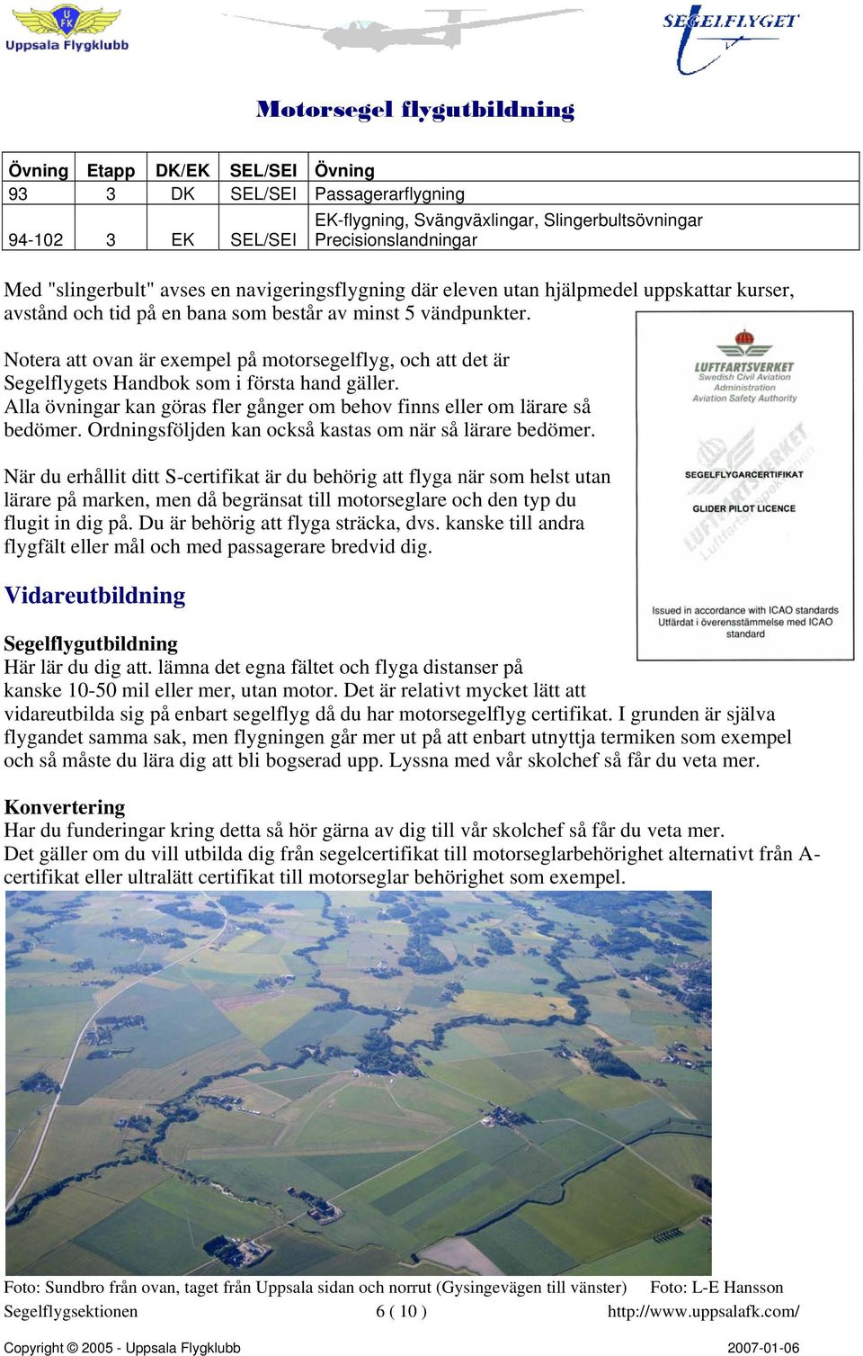 Notera att ovan är exempel på motorsegelflyg, och att det är Segelflygets Handbok som i första hand gäller. Alla övningar kan göras fler gånger om behov finns eller om lärare så bedömer.