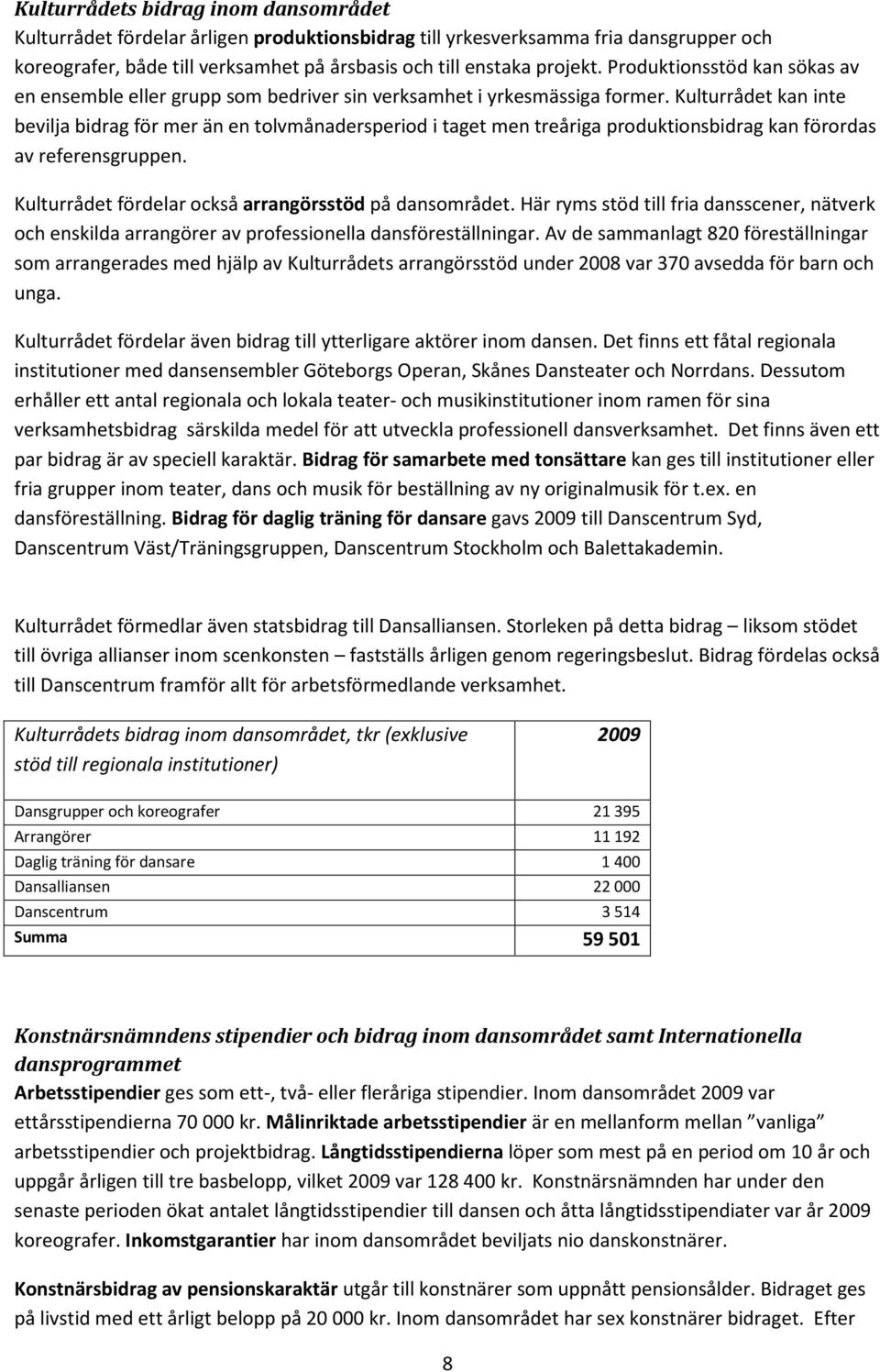 Kulturrådet kan inte bevilja bidrag för mer än en tolvmånadersperiod i taget men treåriga produktionsbidrag kan förordas av referensgruppen. Kulturrådet fördelar också arrangörsstöd på dansområdet.