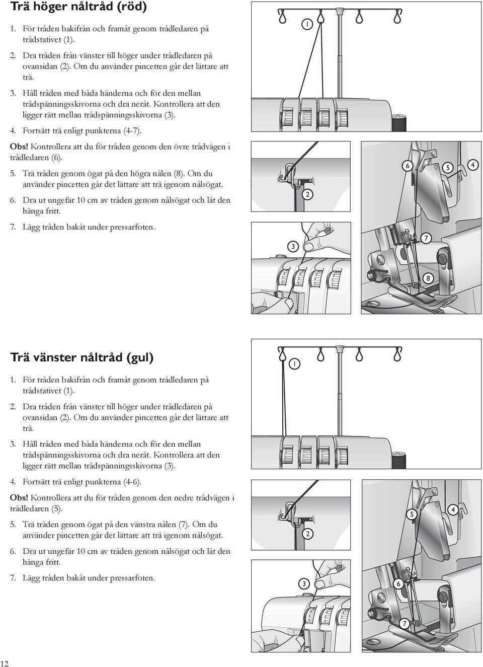 Kontrollera att den ligger rätt mellan trådspänningsskivorna (3). 4. Fortsätt trä enligt punkterna (4-). Obs! Kontrollera att du för tråden genom den övre trådvägen i trådledaren (6). 5.