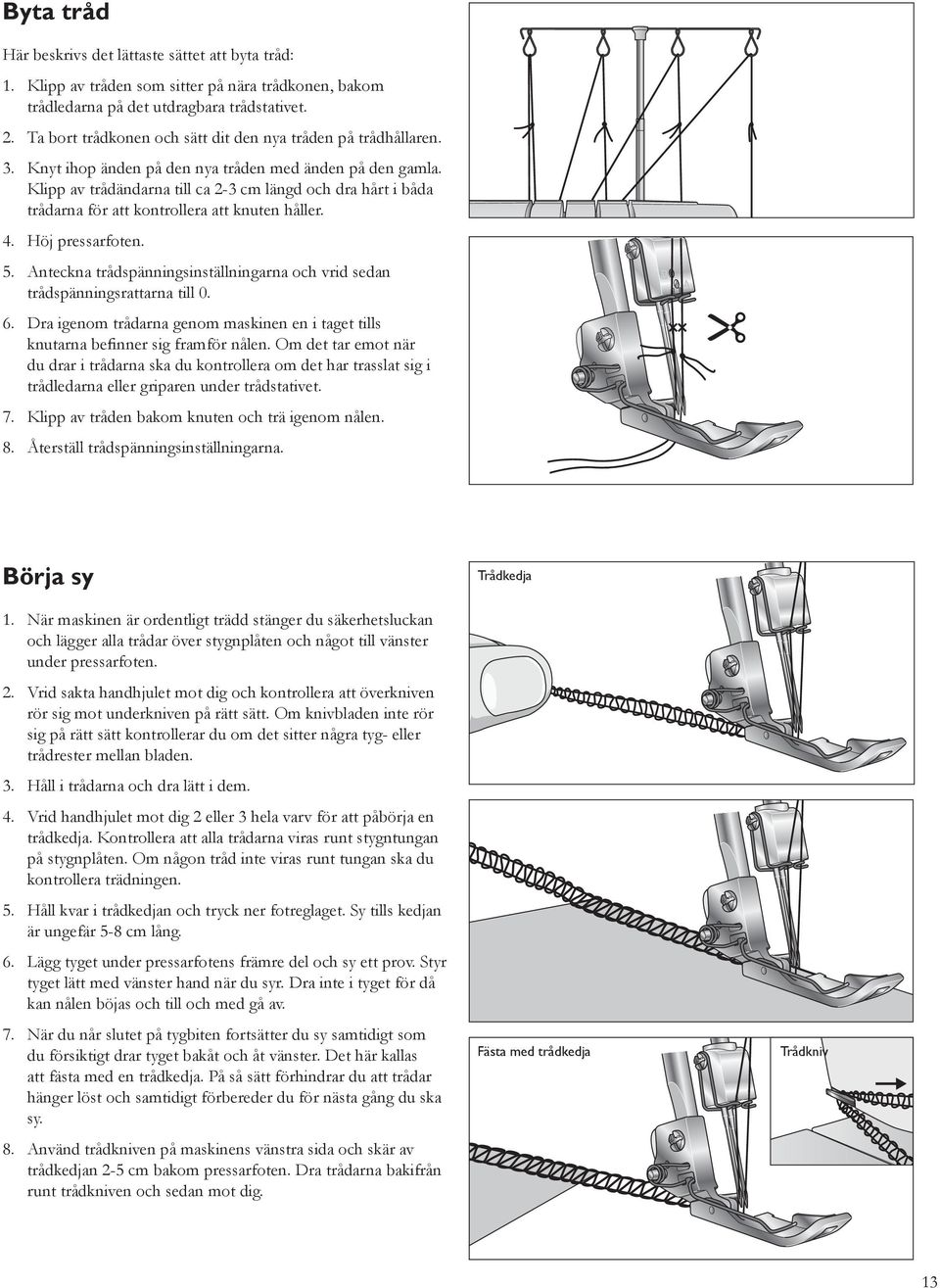Klipp av trådändarna till ca 2-3 cm längd och dra hårt i båda trådarna för att kontrollera att knuten håller. 4. Höj pressarfoten. 5.